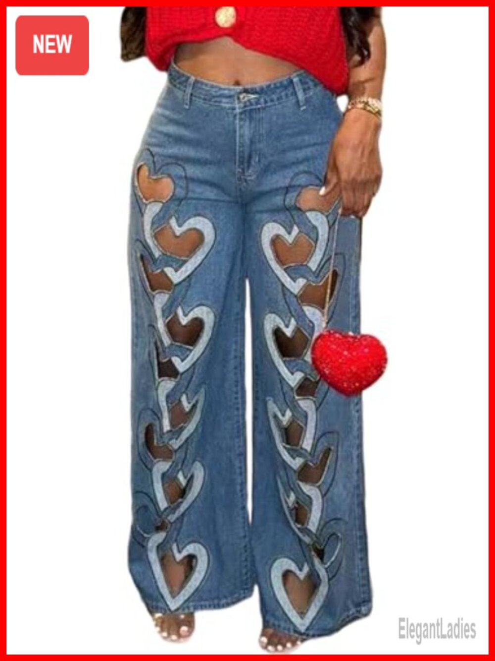 Womens Ripped Heart Cutout Baggy Jeans Straight Leg Y2K Denim Pants